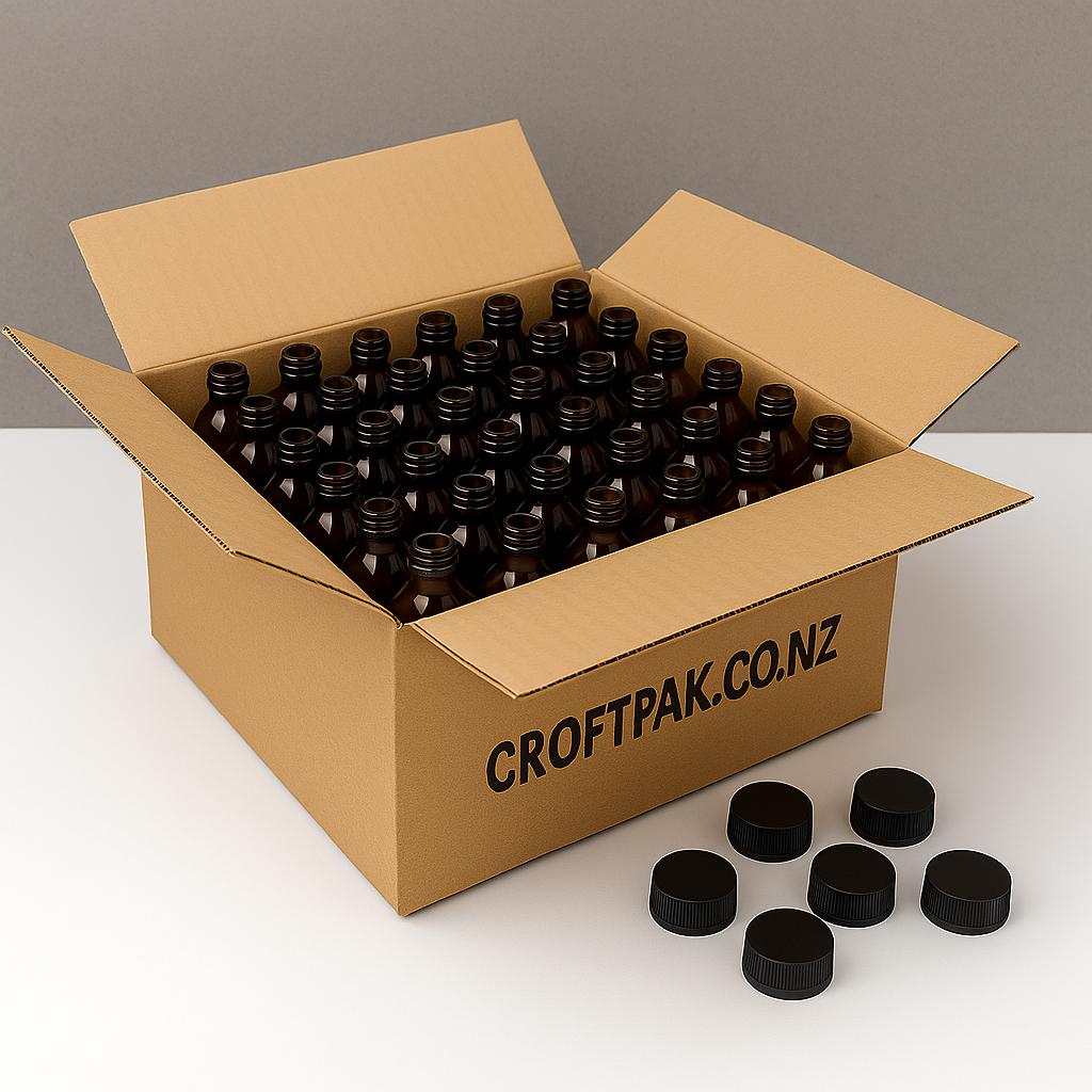 Carton of 36 x 200ml amber glass bottles with black caps, no plastic liner, NZ-ready with www.croftpak.co.nz printed on box.