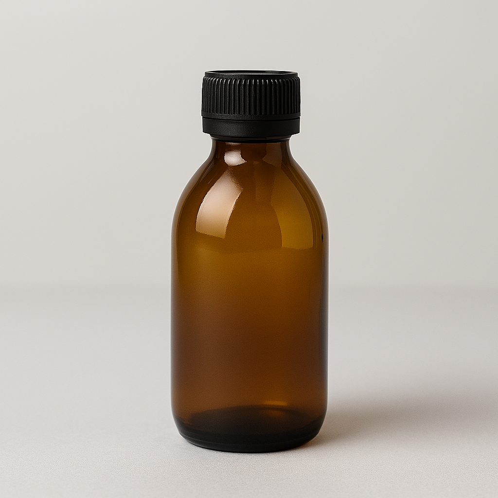 Close-up of 200ml amber round pharma bottle with black wadded cap, perfect for medicinal and skincare packaging in New Zealand.