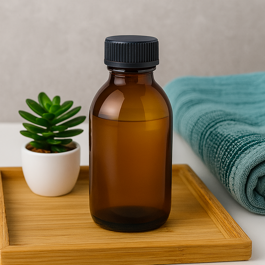 200ml amber glass pharmaceutical bottle with black tamper-evident cap, perfect for oils, tinctures, and wellness liquids – displayed on a clean white background.