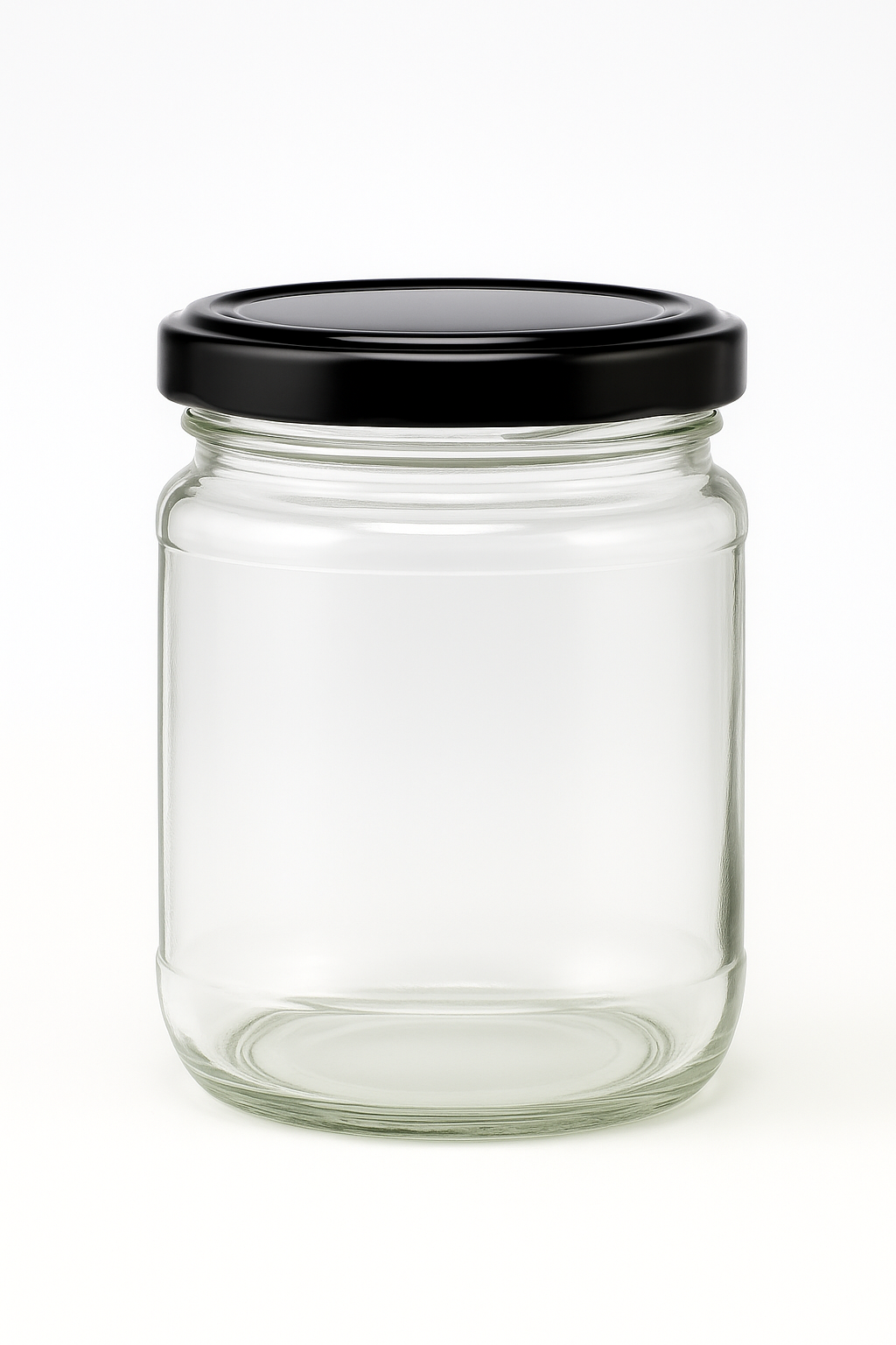 250ml round glass jar with 63mm black twist cap, perfect for sauces, condiments, and preserves – high-quality food storage jar.