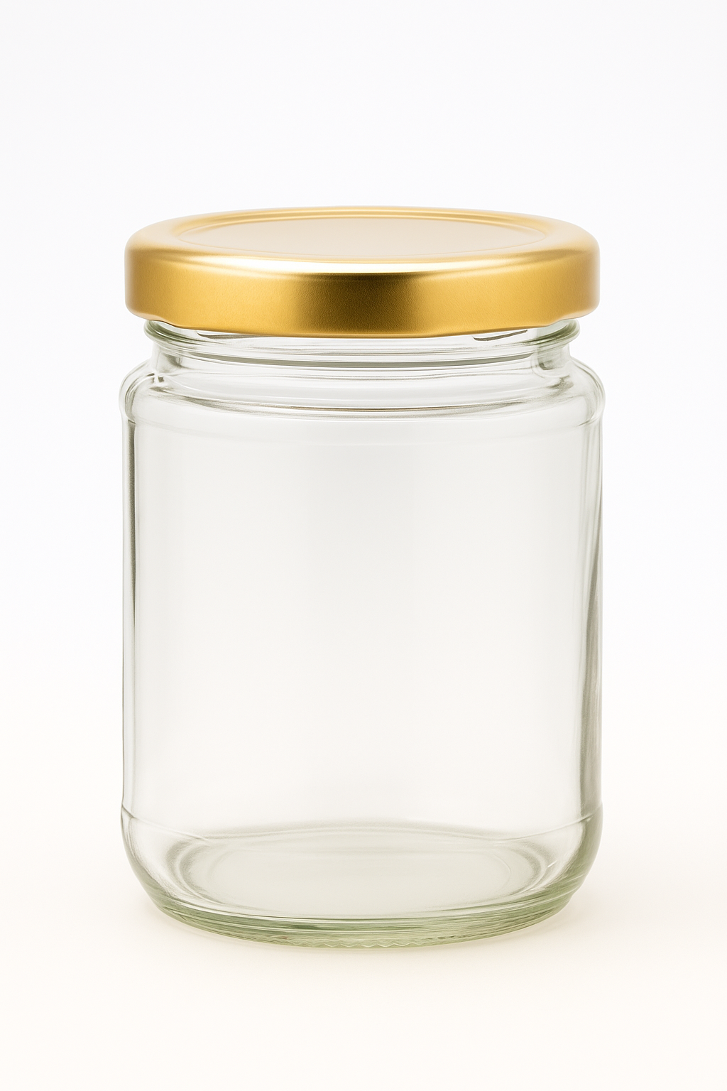 250ml round glass jar with 63mm gold twist cap for gourmet packaging, ideal for honey, relish, or artisan preserves
