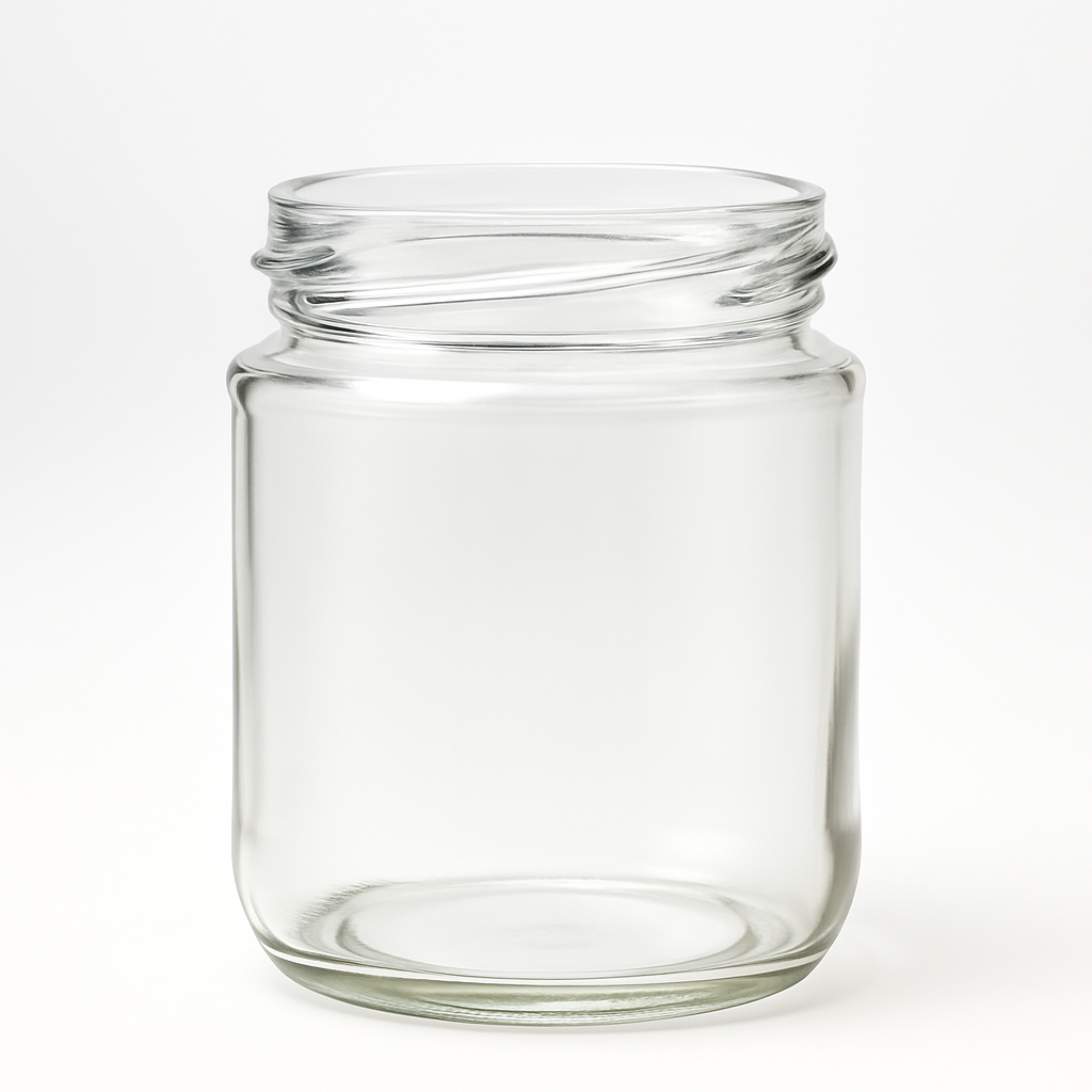 Empty 250ml round glass jar with wide mouth, ideal for jam, chutney, honey, or preserves – food-grade clear glass packaging