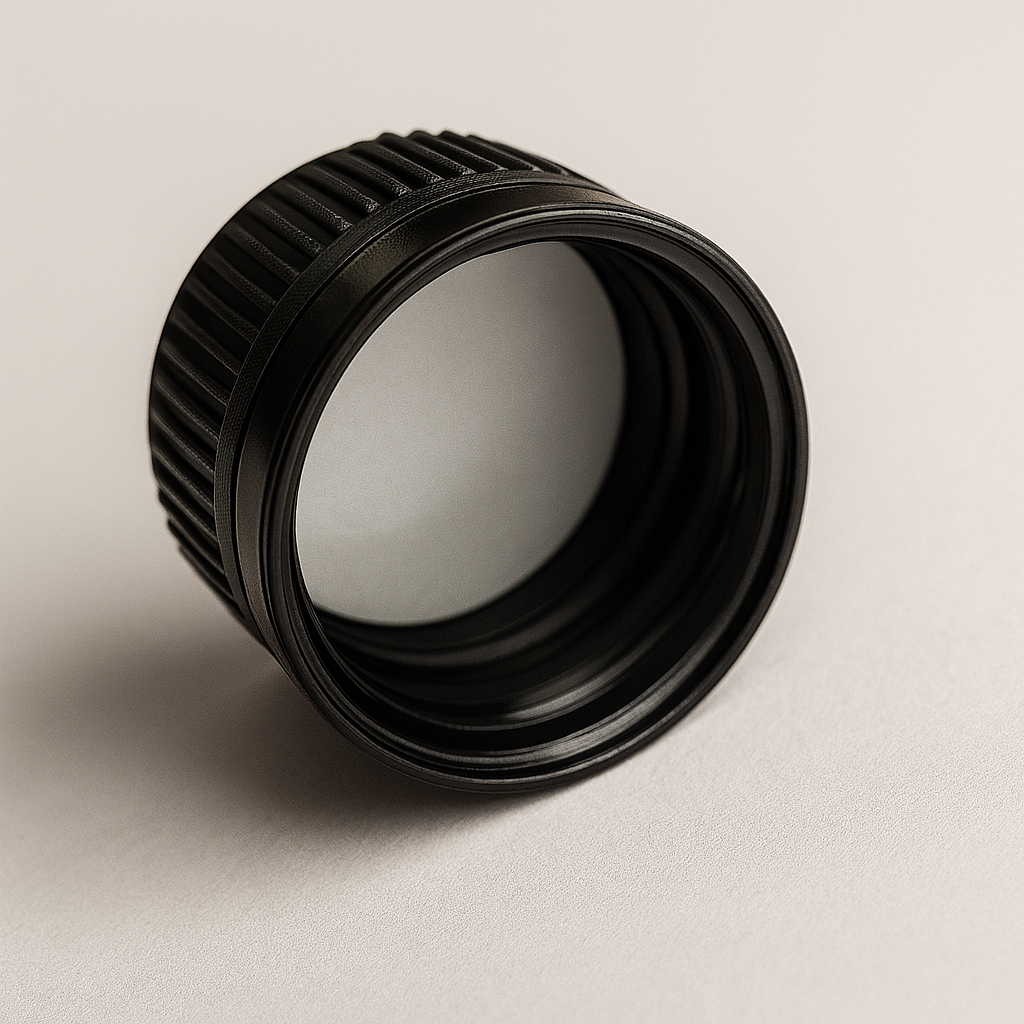28mm black ribbed wadded pharma cap, compatible with 200ml amber glass bottles for secure liquid packaging.