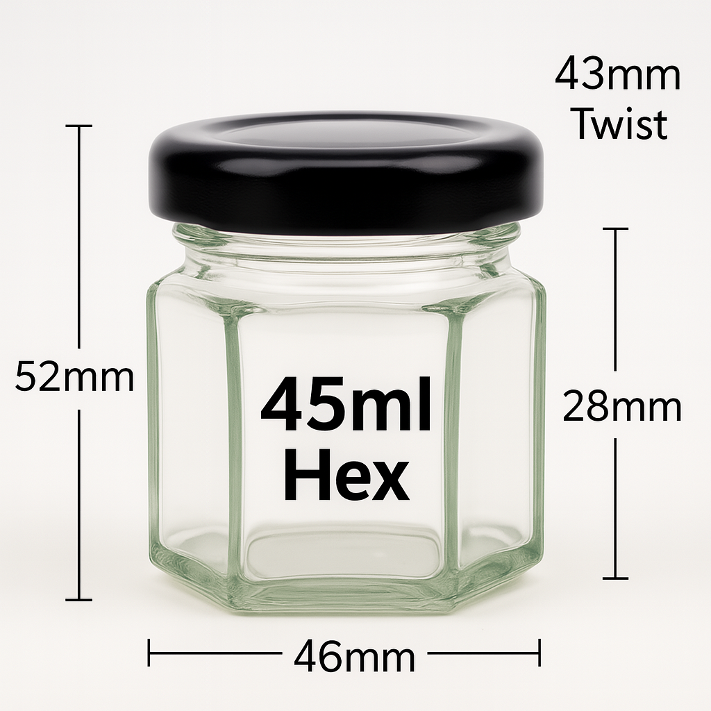 45ml Hex Glass Jar With 43mm Twist Cap - 99 Jars and Caps Per Carton $0.60c per unit (cap/jar combo)