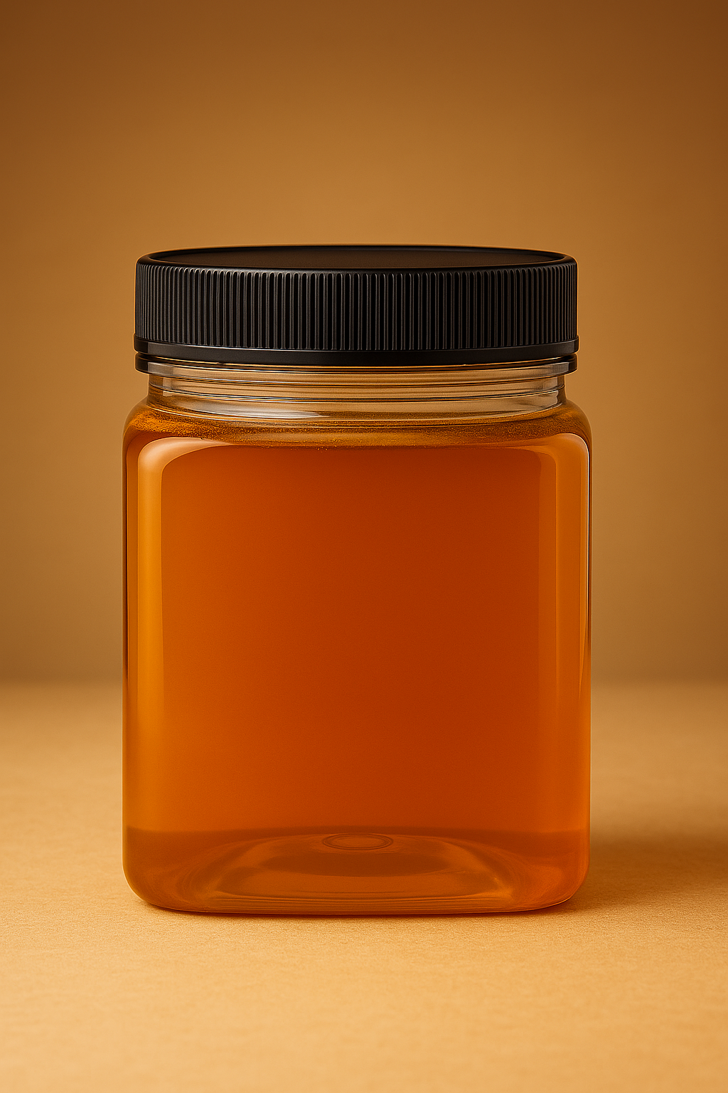750ml square PET honey jar with black sealing cap – filled with golden honey, ready for labeling.