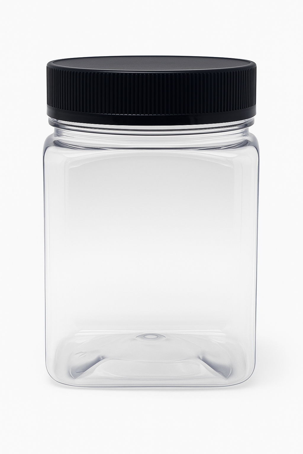 750ml square clear PET jar with black 83mm sealing cap – tamper-evident, food-safe packaging.