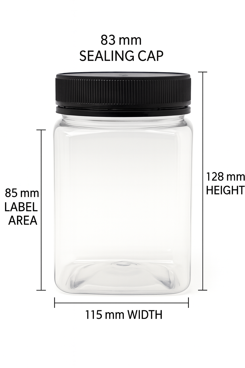 750ml square PET jar with measurements – 128mm height, 115mm width, 85mm label area, 83mm sealing cap