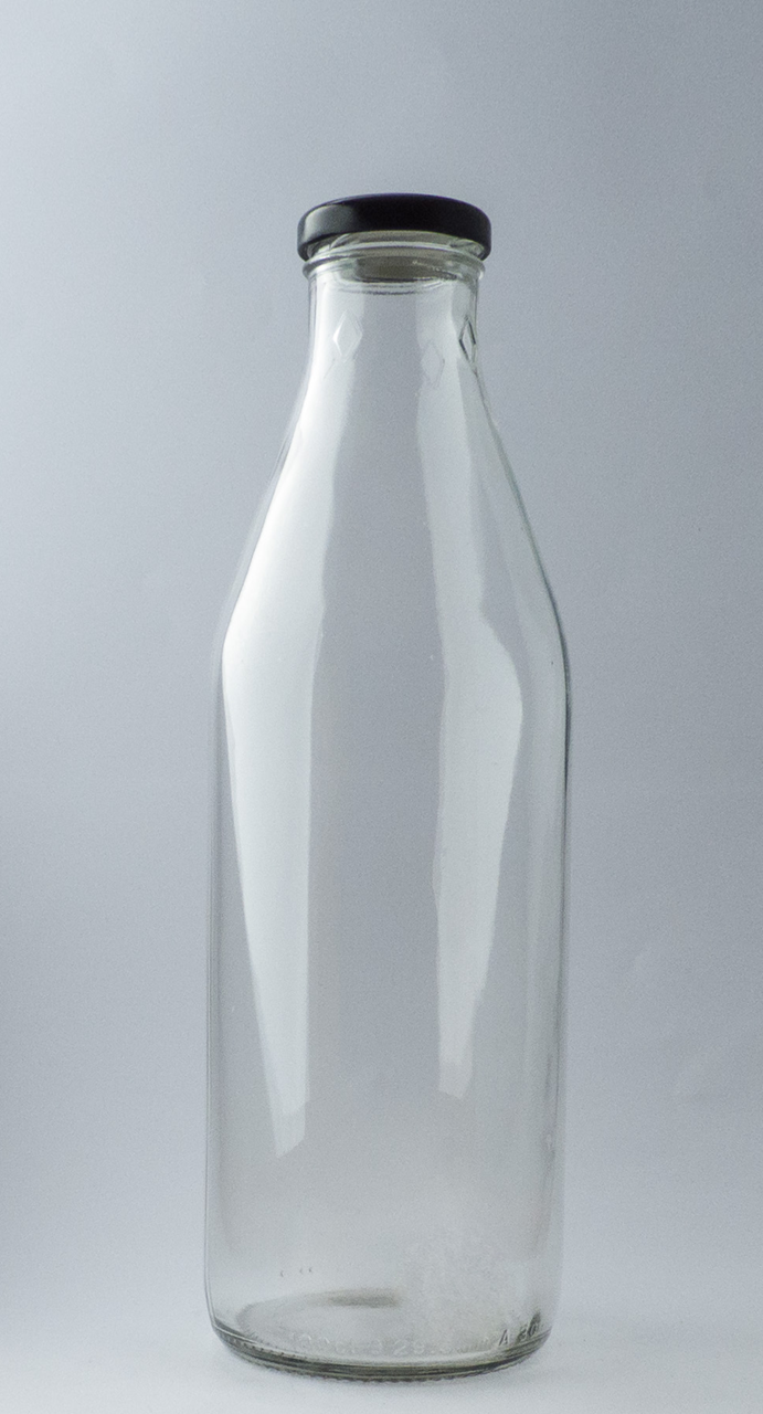 1 Litre (1000ml) round glass milk bottle with 43mm Black twist cap