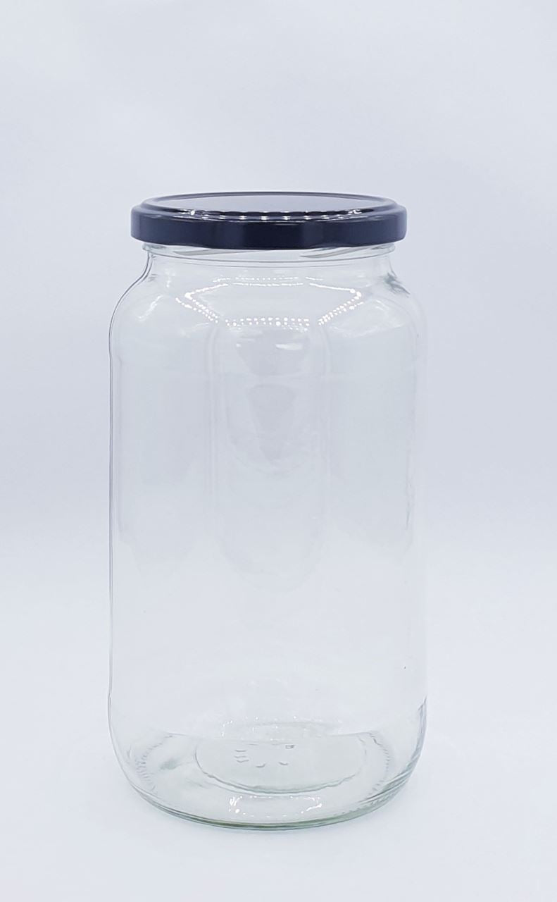 1L or 1000ml round clear glass jar with 82mm black twist cap