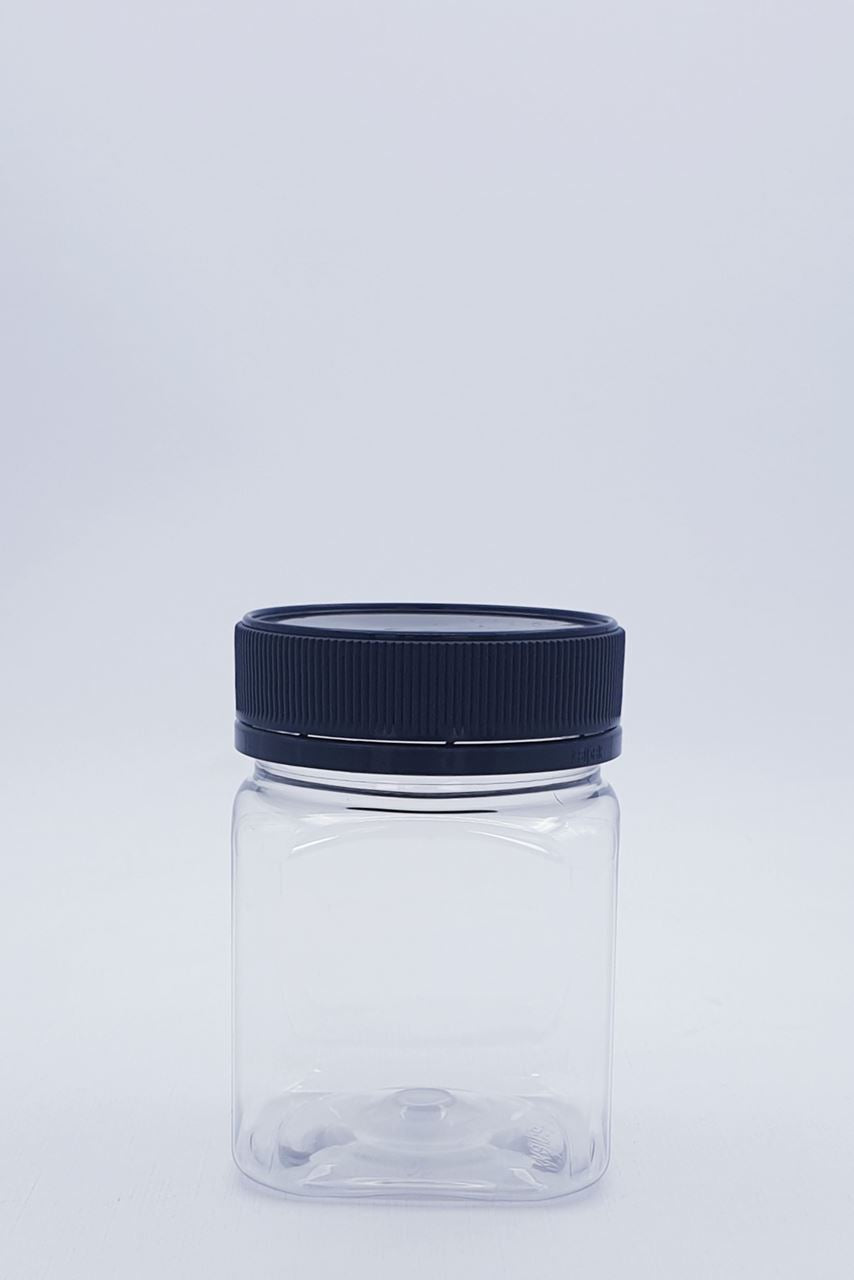 200ml square clear PET Plastic Jar with Black 58mm TE Lid. Can take up to 250gms of Honey 