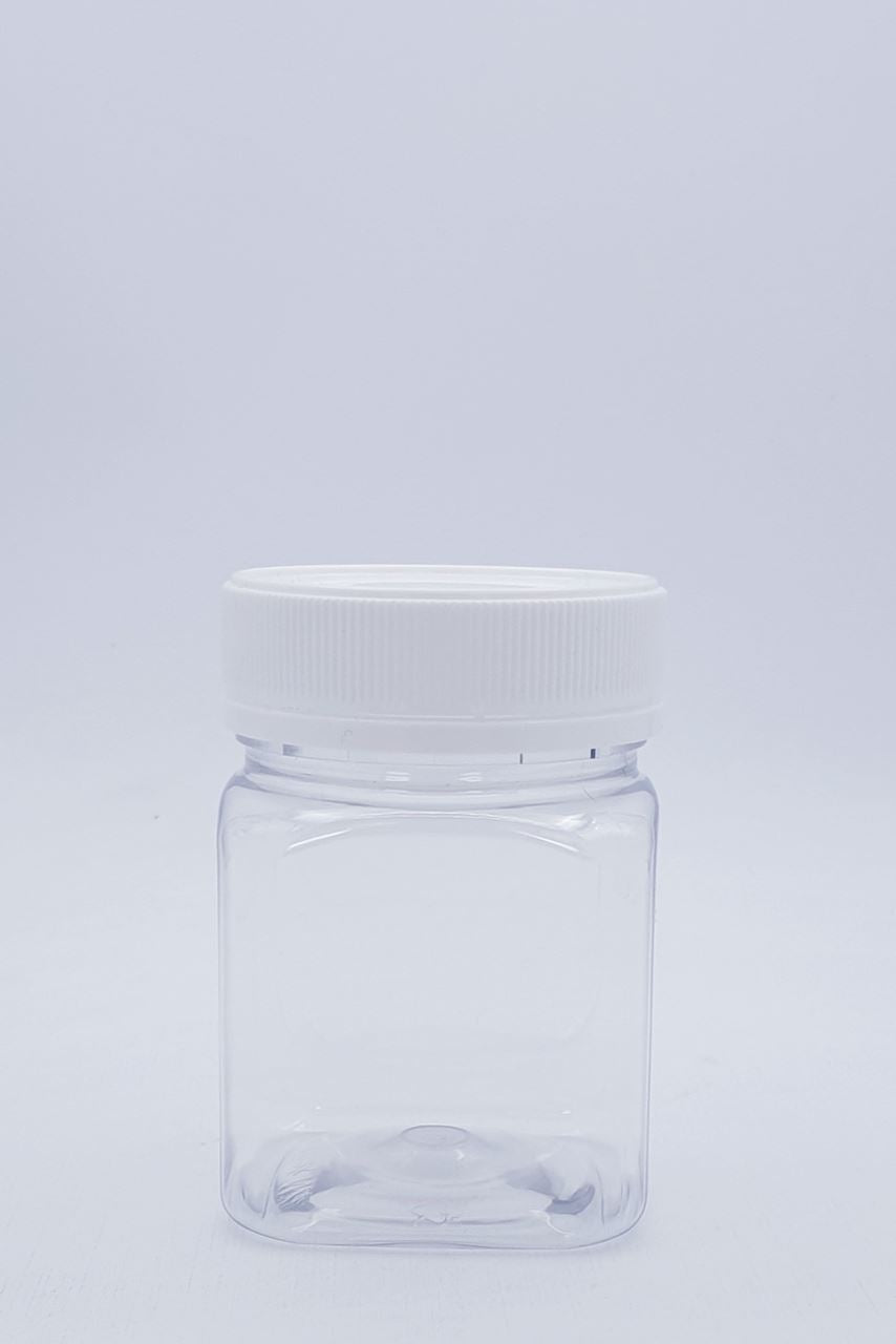 200ml Square Clear PET Plastic Jar with White 58mm TE Lid - can take up to 250gms of Honey 