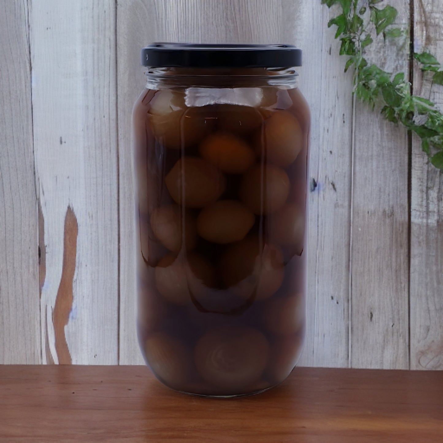 1L Round Glass Jar with an 82mm Black Twist cap, full of Pickled Onions