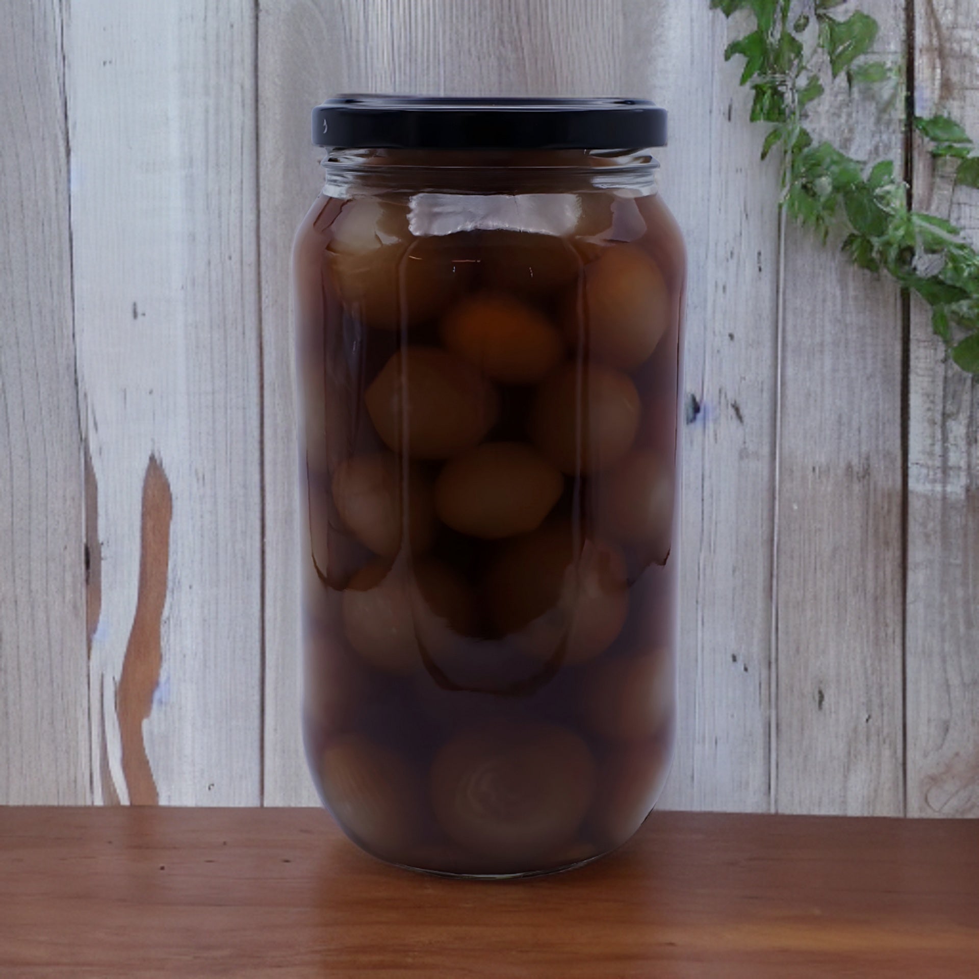 1L Round Glass Jar with an 82mm Black Twist cap, full of Pickled Onions