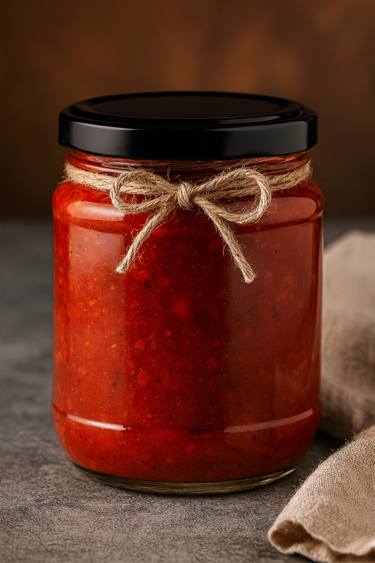 250ml round glass jar with black twist cap, filled with rich red chutney and tied with rustic twine, styled on a wooden surface – premium packaging photo.