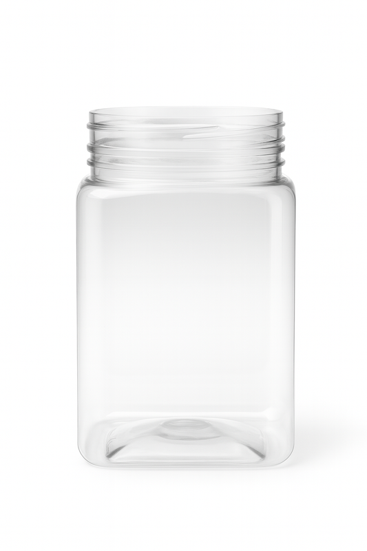 750ml square clear PET plastic jar – food-grade, BPA-free, recyclable honey and food storage container.